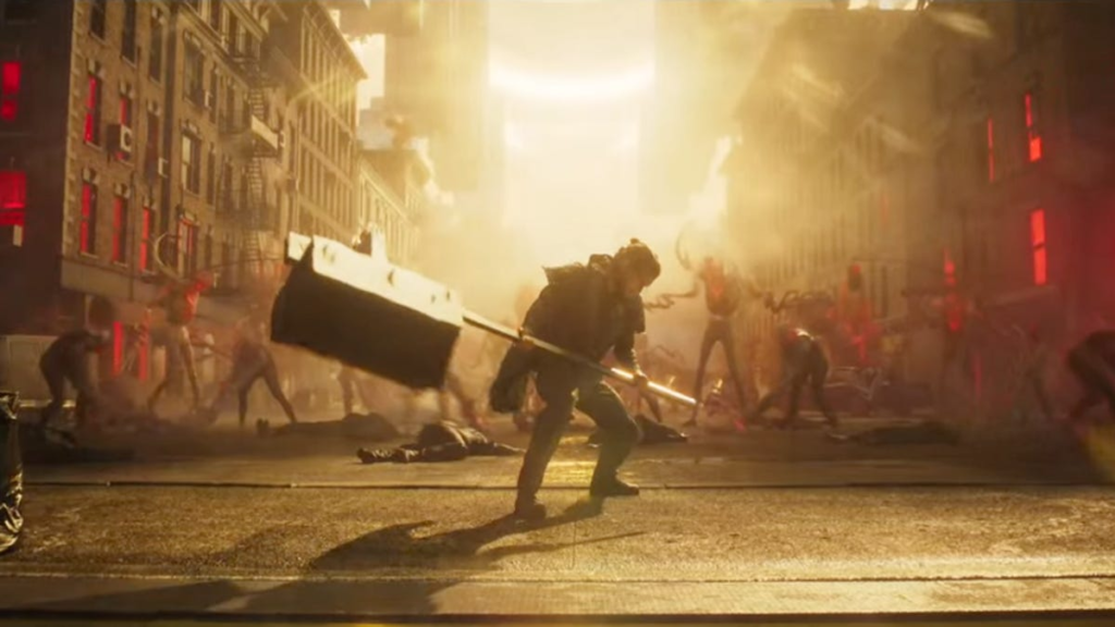 a screenshot of dylan faden with an axe in front of monsters