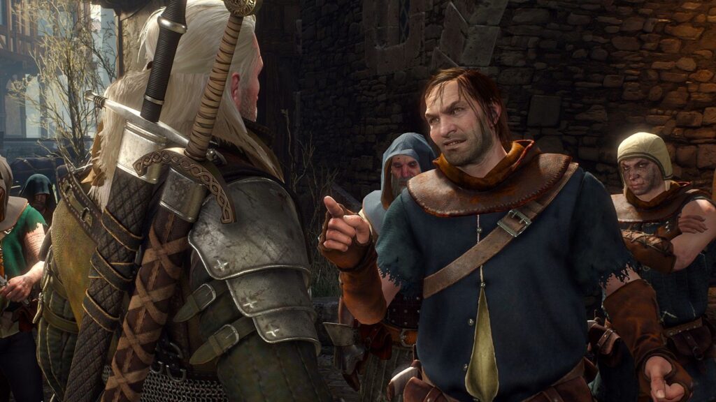 Geralt from The Witcher 3 in conversation with an NPC
