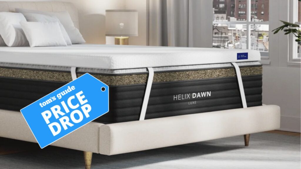 The image shows the Helix ErgoAlign mattress topper on the Helix Dawn mattress