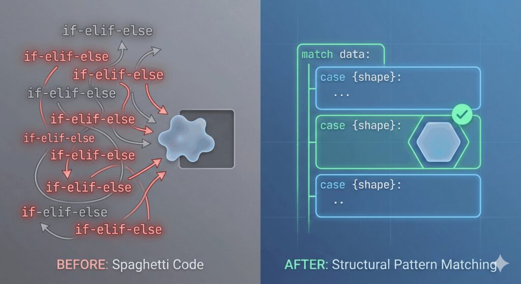 Image showing how structured pattern matching can improve if-else statements.