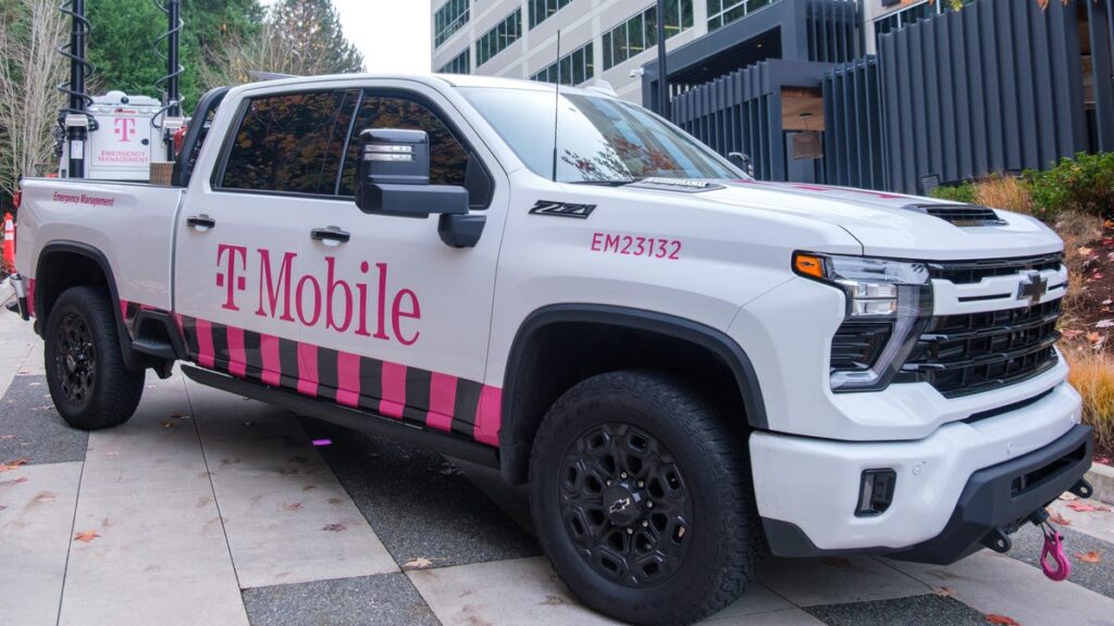 This Is What Keeps T-Mobile’s Emergency Response Teams Awake at Night Pickup truck parked at an angle to block a roadway.