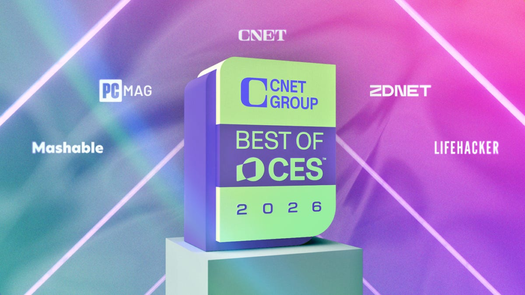 Best of CES Award Announcement badge surrounded by Mashable, PCMag, CNET, ZDNET, and Lifehacker logos