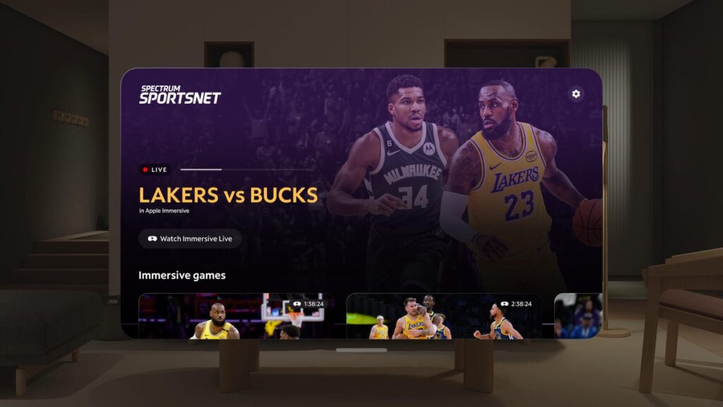 A virtual screen showing an NBA game between Lakers and Bucks on Apple Vision Pro