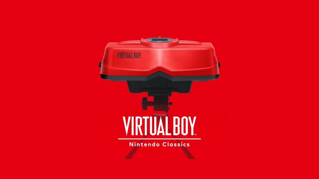 Promotional image featuring the Virtual Boy console for the upcoming Virtual Boy - Nintendo Classics collection on Nintendo Switch and Nintendo Switch 2.