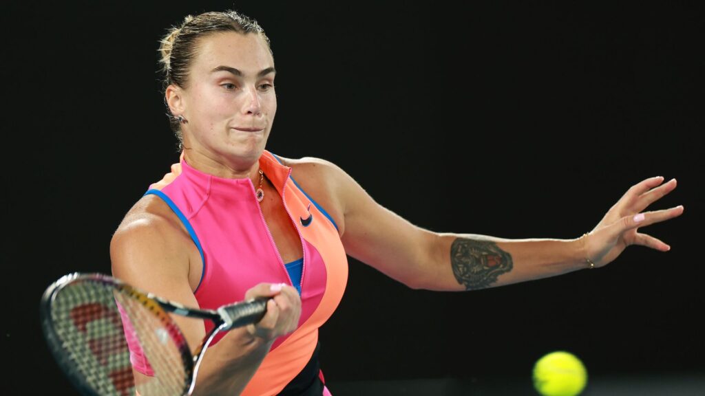 Aryna Sabalenka plays a forehand during the 2026 Australian Open at Melbourne Park.