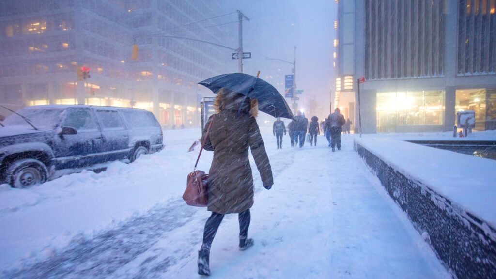 a person in a brown coat holding an umbrella and walking in a winter storm in Manhattan