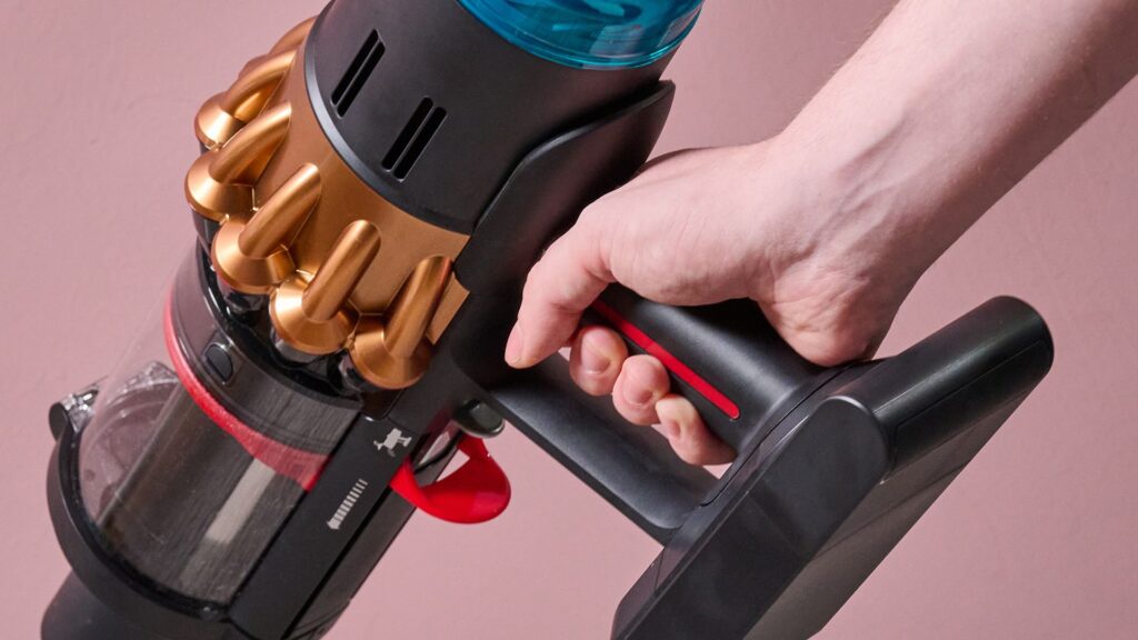 Closeup of handle section on Dyson V16 Piston Animal vacuum