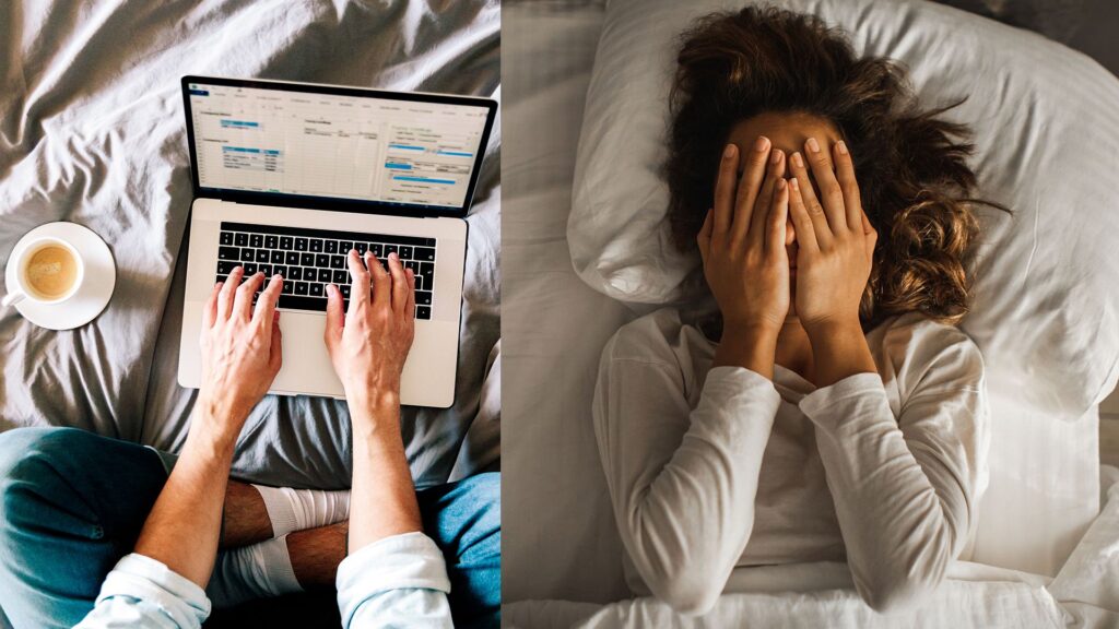 On the left, an overhead shot of a person using a laptop on a bed, sitting next to a cup of coffee. On the right, a woman covers her face with her hands as she lies in bed, unable to sleep