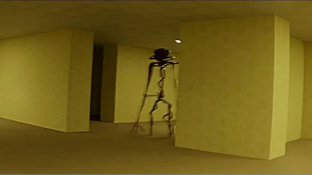 An off-yellow hallway with a strange looking creature lurking in the distance