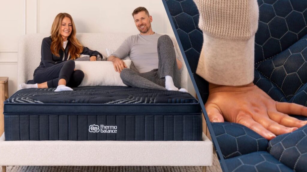 A split screen showing an image of a happy couple sitting on a Brooklyn Bedding ThermoBalance Mattress and an image of a hand feeling the Signature Hybrid's pillow top.