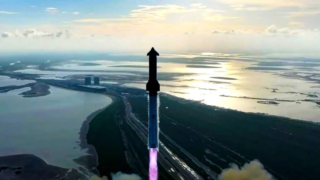 rocket going up to space against sunset backdrop