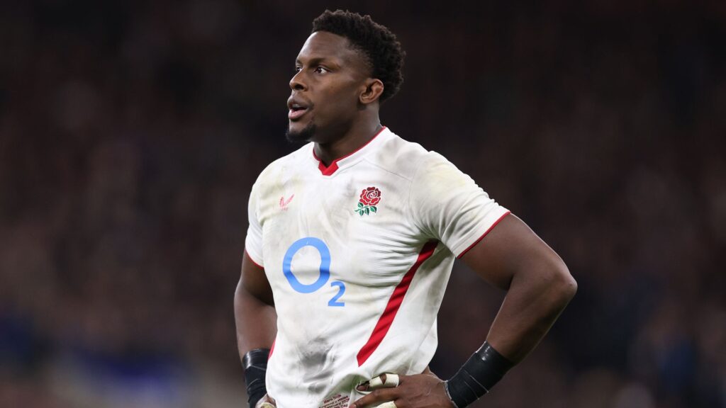 Maro Itoje of England looks on during a Six Nations 2026 rugby match.