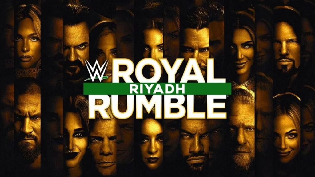 Various WWE superstars decorate the poster for Royal Rumble 2026