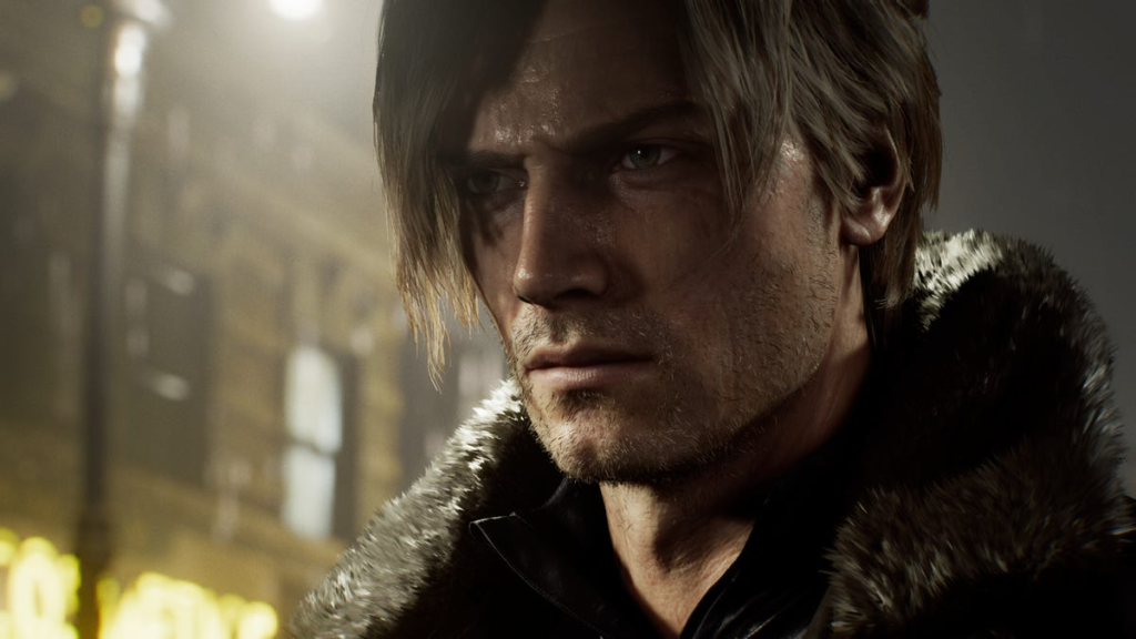 a screenshot of leon kennedy's face from resident evil requiem