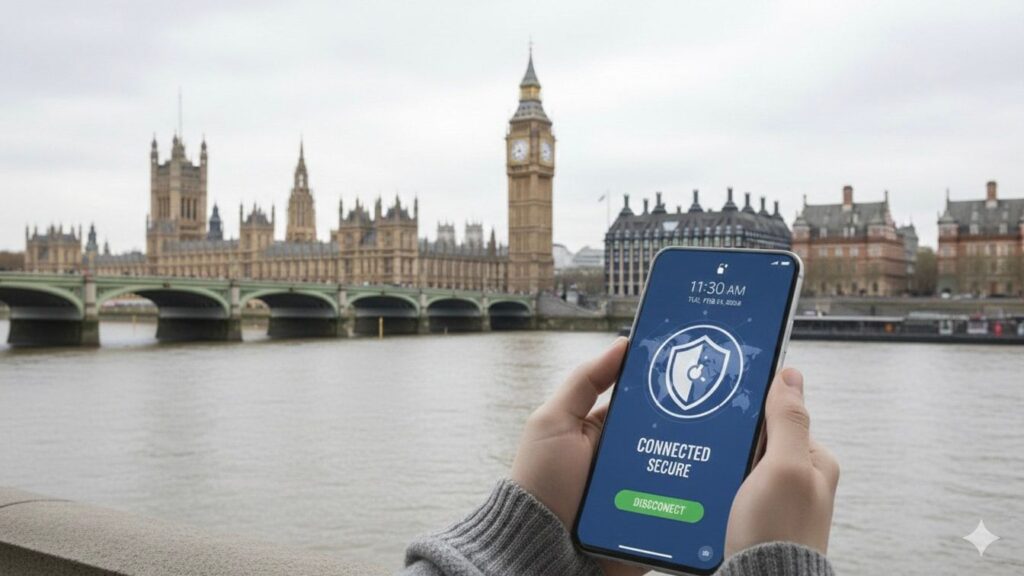 A person using a VPN on their phone with the UK Houses of Parliament in the background