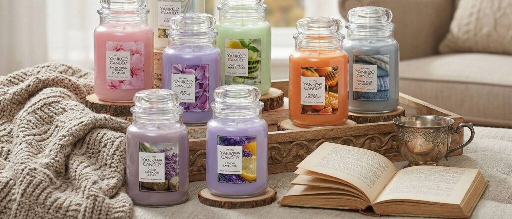 Yankee Candle scented candles on a tray