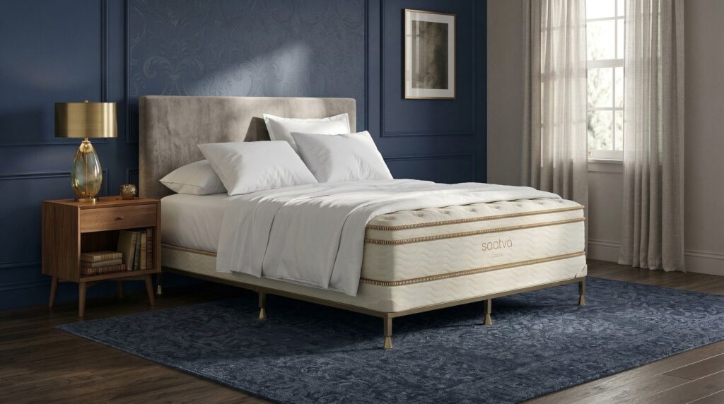 Build a 5-star hotel bedroom at home with these luxury bedding finds Edited by Gemini, this image shows a mock up of a luxury hotel-style bedroom. At the center of the room is the Saatva Classic mattress on a bed frame, dressed in white sheets and white pillows.