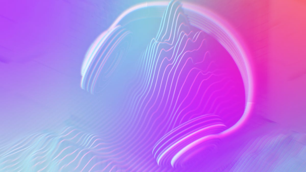 headphones and music waveforms on rainbow background