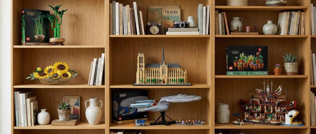 Different Lego sets arranged on a bookshelf
