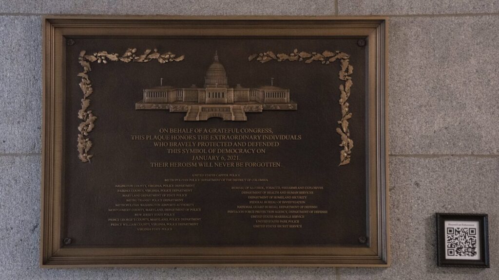 Jan. 6 plaque honoring police officers is now displayed at the Capitol after a 3-year delay : NPR