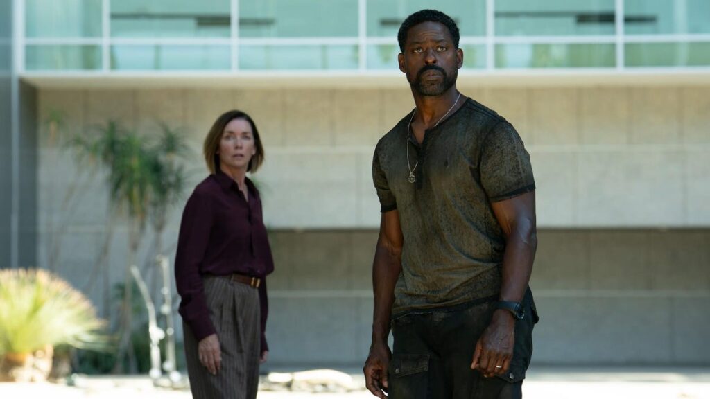 Production still from Paradise showing Sterling K. Brown and Julianne Nicholson.
