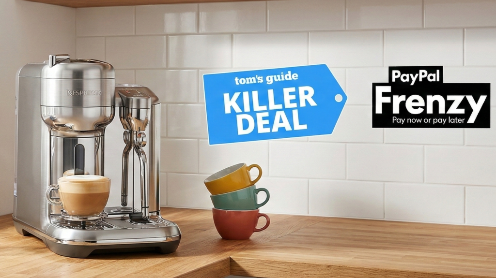 Image of Nespresso capsule machine in lifestyle setting with Tom's Guide logo and PayPal Frenzy logo, created by Gemini