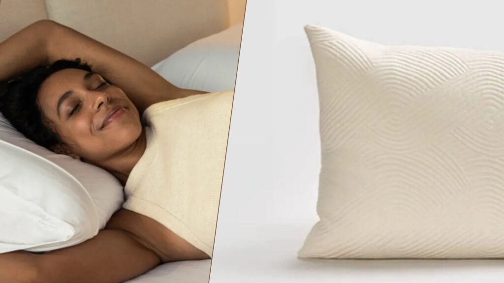 Purple Harmony vs the Coop Adjustable Latex Pillow The composite image shows a dark haired woman smiling with her eyes closed as she lies back onto a white pillow on the left, while the right hand side of the image shows a close up image of a beige textured pillow