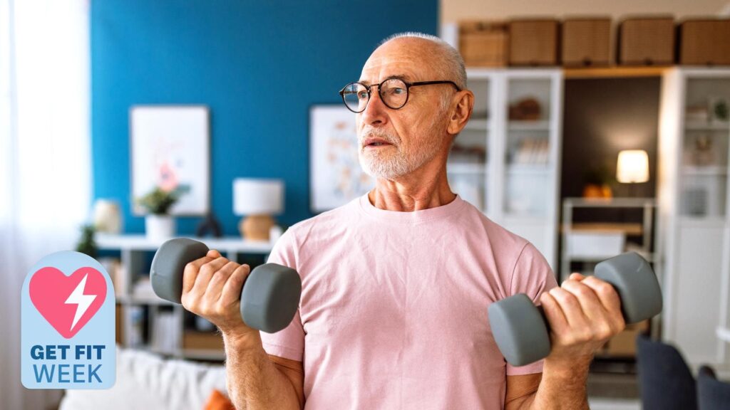 Want to improve your healthspan? These are the 5 best functional strength exercises for boosting longevity at home a senior man holding two dumbbells