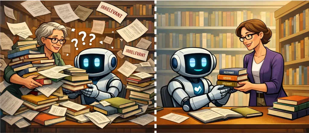 Split illustration of a librarian and a friendly robot in a library. On the left, the robot is overwhelmed by messy stacks of books and papers labelled “irrelevant.” On the right, the librarian hands the robot a small, tidy stack of relevant books, showing a more focused and efficient research process.