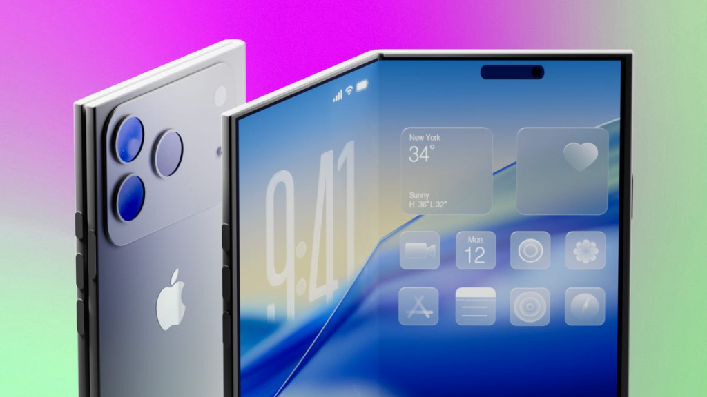 A close iPhone Fold next to one that's open with its inner screen showing