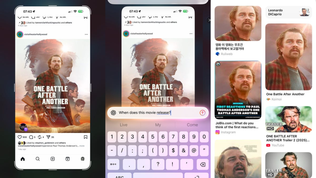 Three screen shots of Apple's Visual Intelligence