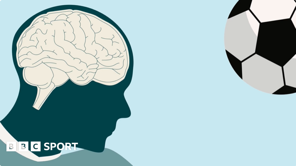 Graphic of a white brain inside the dark blue silhouette of a human head, with a black and white football in the top right corner