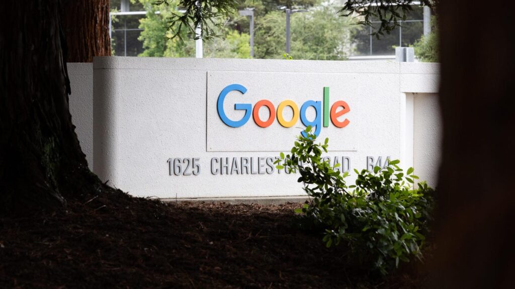 a photo of the Google headquarters sign and address at 1625 Charleston Road