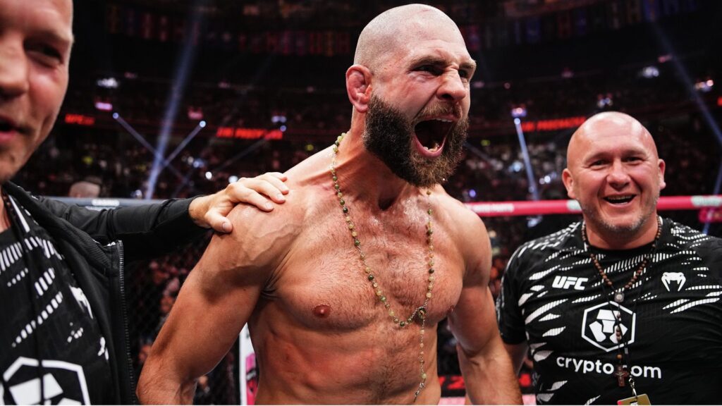 Jiri Prochazka of the Czech Republic reacts to his knockout of Khalil Rountree Jr. in a light heavyweight fight during the UFC 320 event at T-Mobile Arena on October 04, 2025 in Las Vegas, Nevada.