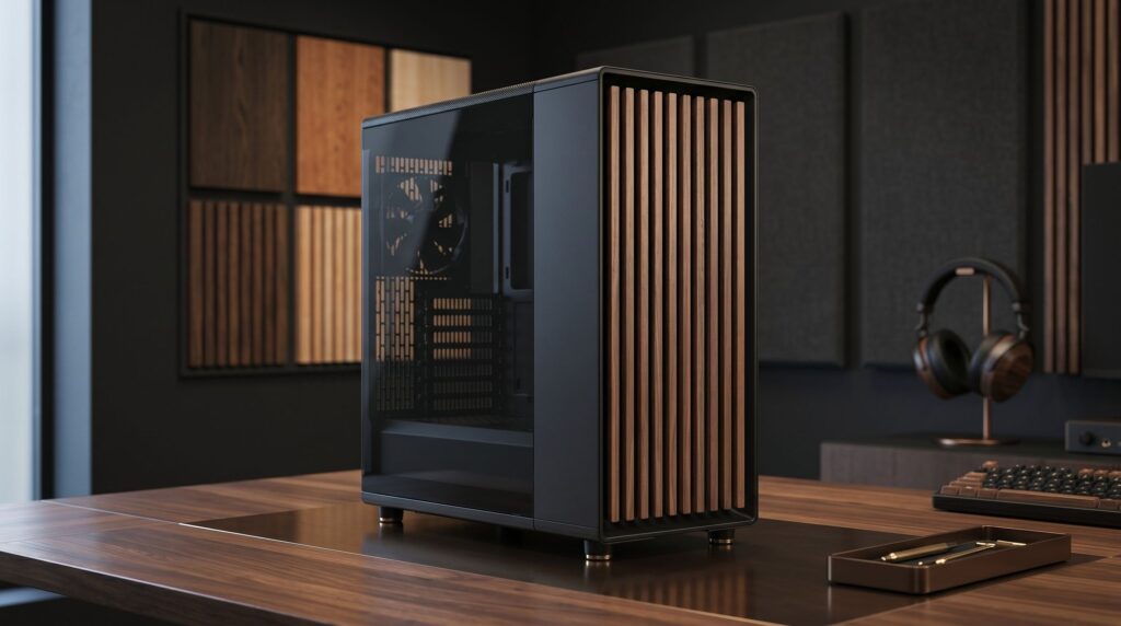 Fractal Design PC case on a table surrounded by wood textures and stylish headphones.