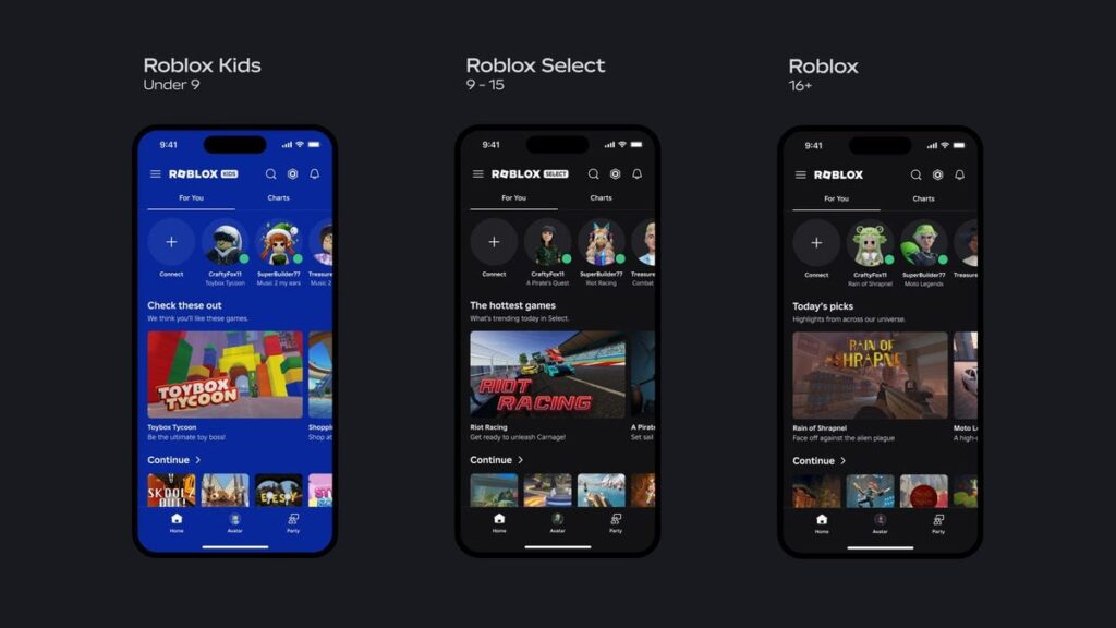 Roblox Will Roll Out Age-Based Accounts Amid Child-Safety Push Three mobile screenshots show landing pages for the Roblox app with the labels Roblox Kids (Under 9), Roblox Select (9-15) and Roblox (16+) showing the way the app will appear to different age groups.