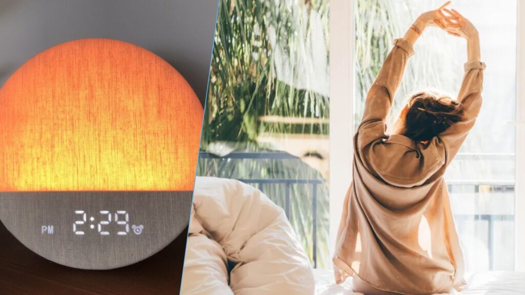 The image shows a glowing sunrise alarm clock on the left and a woman stretching her arms above her head as she wakes up on the right