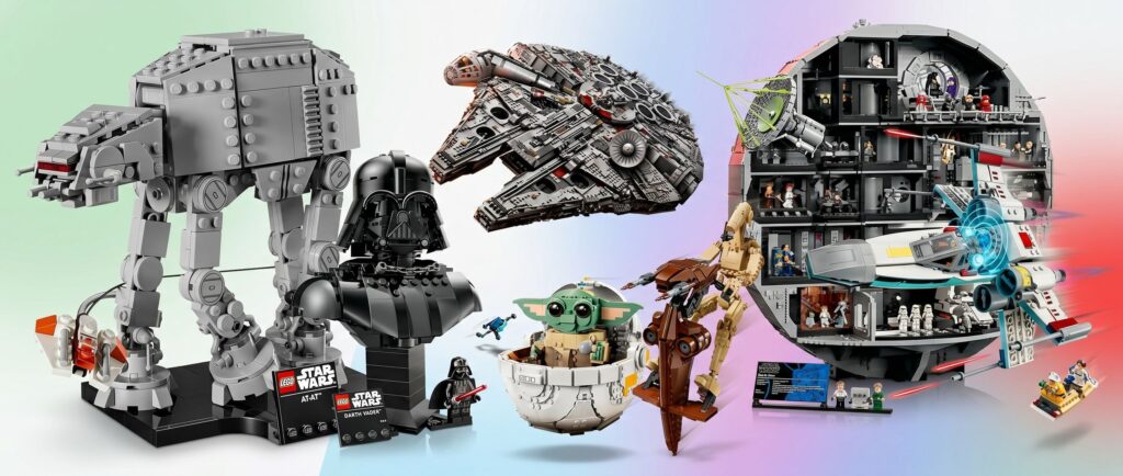 Star Wars Lego sets on gradient background in collage