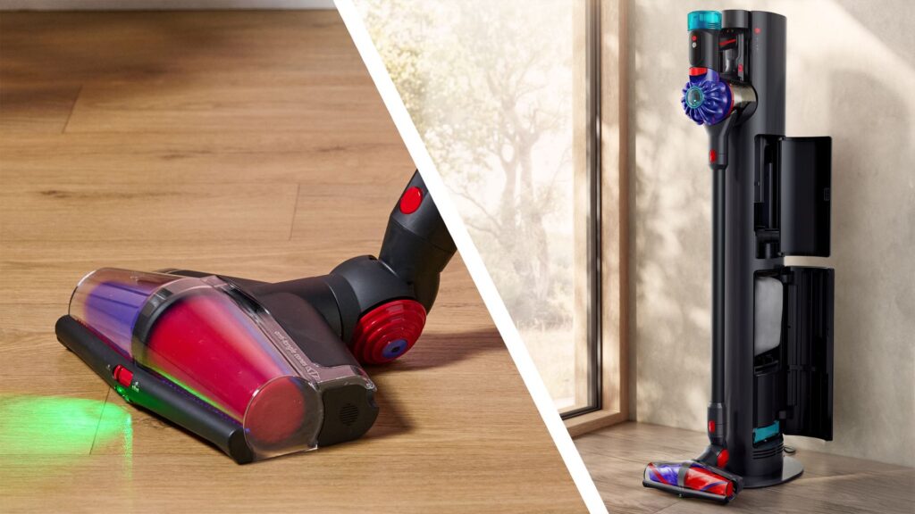 All Cones Floor Sense floorhead for Dyson vacuums (left) and the Dyson V10 Konical (right) cordless stick vacuum
