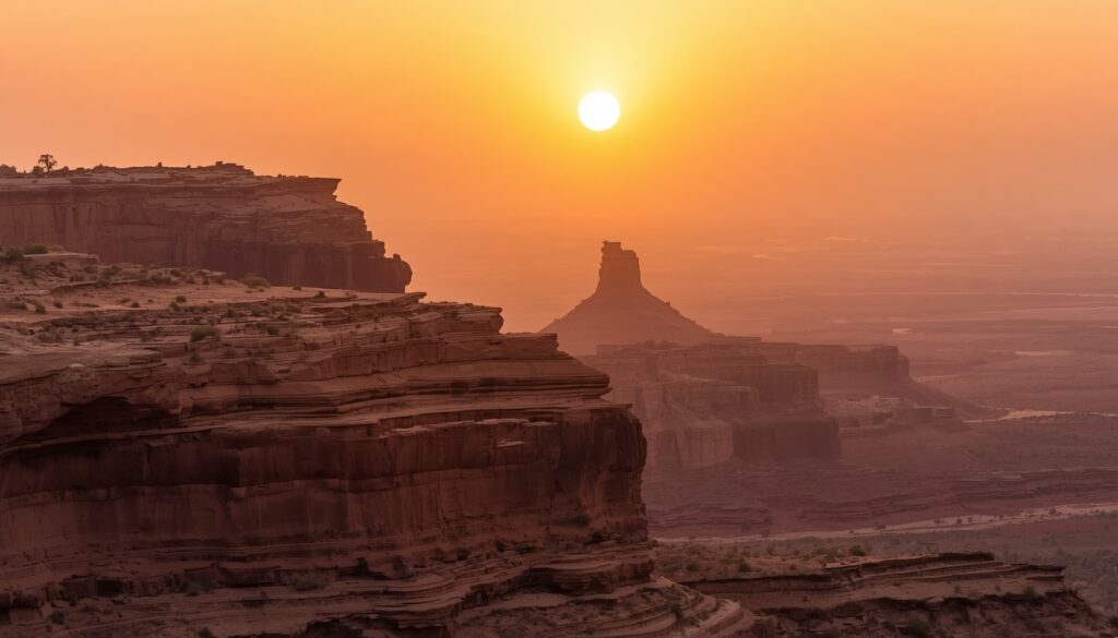 Photograph of layered sandstone cliffs under a hazy sunset, burnt sienna and muted ochre palette, still atmosphere