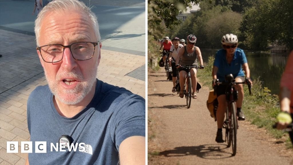 How much exercise do you need to do in a week? Left, a man in glasses speaks to the camera. Right, a group of cyclists bike along a riverbank.