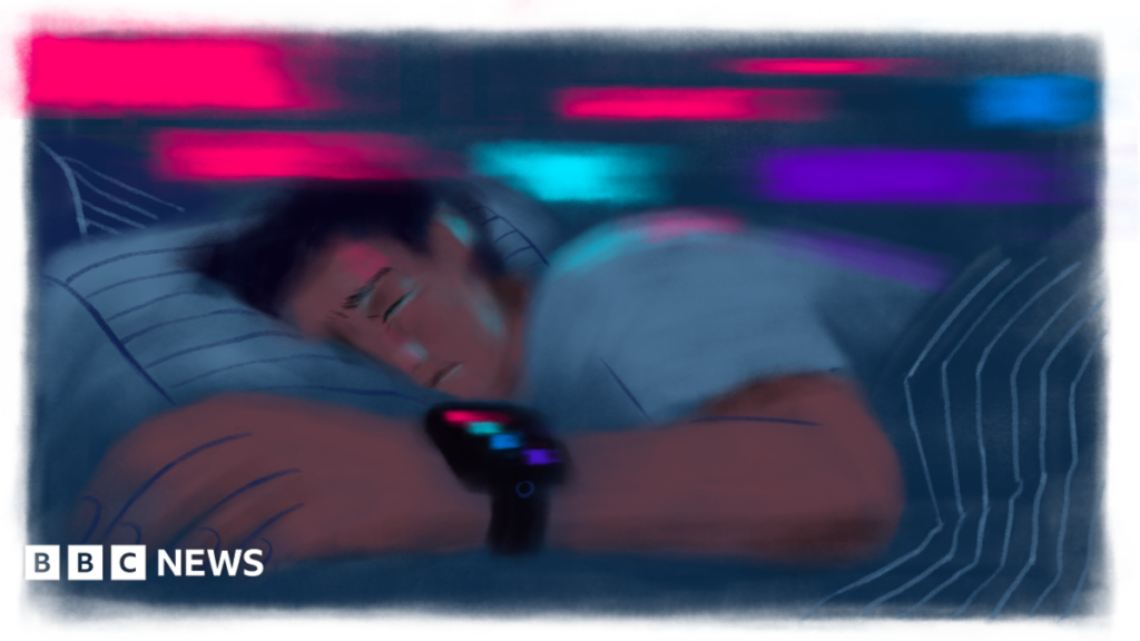 An illustration of a man asleep, with a concerned look on his face, wearing a smart watch with four coloured streaks on the screen; the colours seem to be reflecting onto the wall and the man's face and body as he tries to sleep.