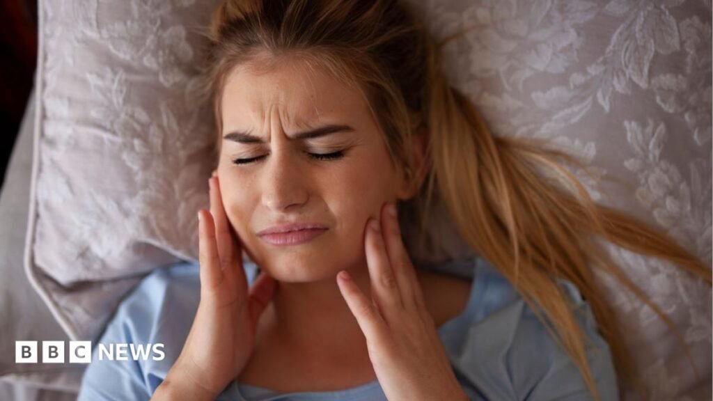 A composite image showing Ella's jaw wider from grinding and after treatment