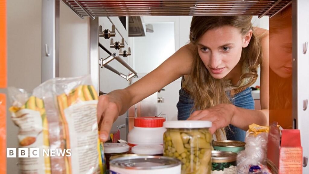Which emergency foods should you stock up on? Woman looks inside a storage area containing various food items